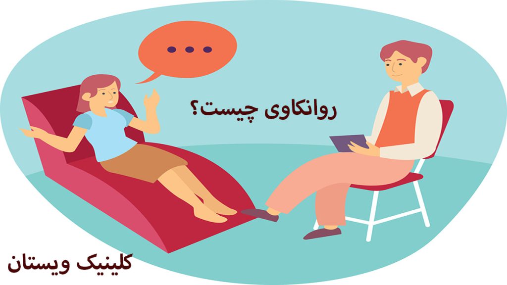 تصویری انیمیشنی از یک بیمار که روی صندلی راحت نشسته و یک روانکاو 